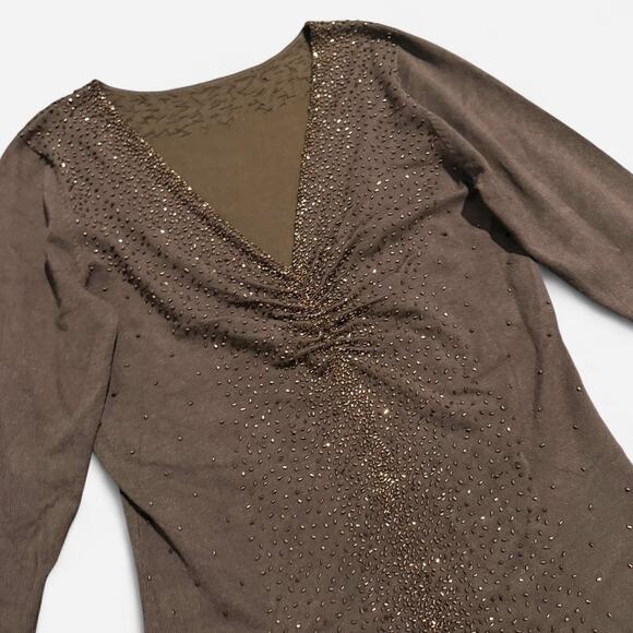 Y2K Colleen Lopez Dark Brown & Copper Beaded Ruched Mid Sleeve Glam Top S/M - Picture 7 of 7